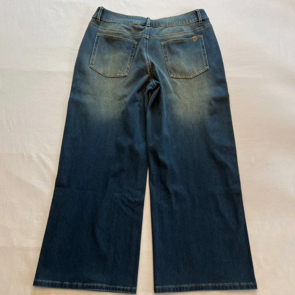 Halara Flex Denim Blue Wide Leg Stretch Asymmetrical Waist Jeans NWT Size MP - Picture 8 of 9